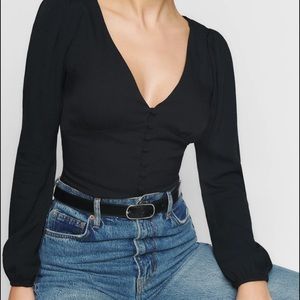 Reformation Nell Top Blouse Black Puff Sleeve Button